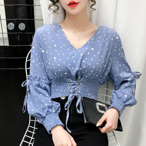 Women Blouse 2021 New V-neck Lace-up Waist Slim Puff Sleeves Chiffon Shirt Short Blouse Female Dots Drawstring Pullover Tops