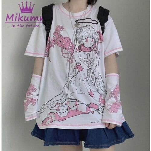 Japanese Harajuku Style Cartoon Anime Angel Print Short Sleeve T-shirt Women Summer O-neck Top Tee Punk Girls Chic Streetwear