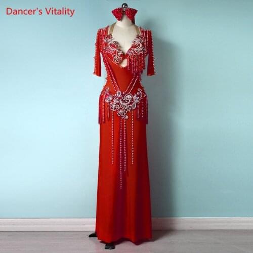 Belly Dance Suit Tassel Diamond Bra Half Sleeves Robe Performance Clothes High-End Custom Adult Child Dress Competition Clothing
