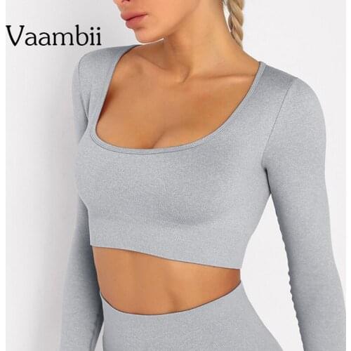 Womens Crop Top T-shirts Blouse Long Sleeve Yoga Shirts Women Seamless Top Gym Deep Neckline T-shirts Sporty Woman Tops