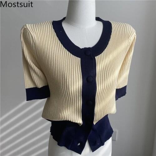 Summer Knitted Korean Cardigan Tops Women Color-blocked Single Breasted O-neck Sweater Vintage Fashion Elegant Ladies Knitwear