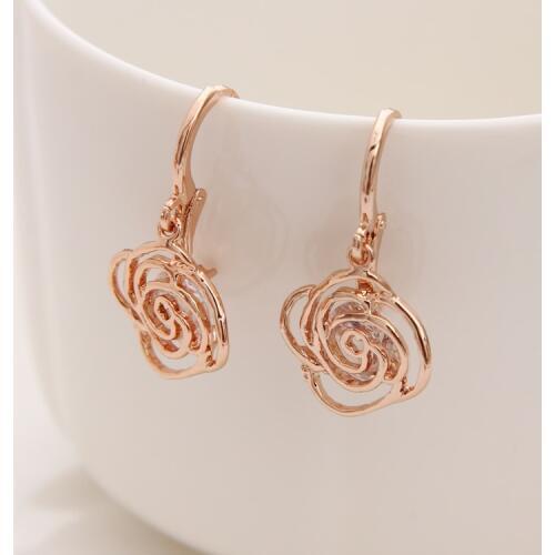 Top Sale Fashion Lovely Temperament Crystal Cz Clear Rose Flower Women Dangle Drop Earrings for Wedding/Party