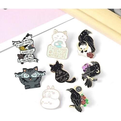 Cute Cat Crow Raven Rabbit Enamel Pins Live is better with cats Banners Letter skull Bird Moon Flowers Brooches Badge Jewelry