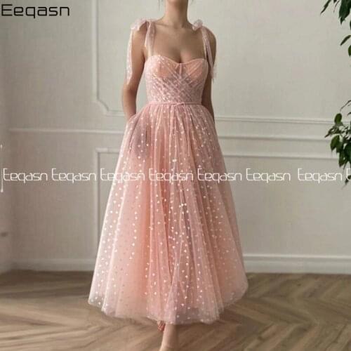 Fashion Blush Pink Tea Length Evening Dress Arabic Printed Hearts Tulle Spaghetti Strap Prom Dresses Wedding Party Gown