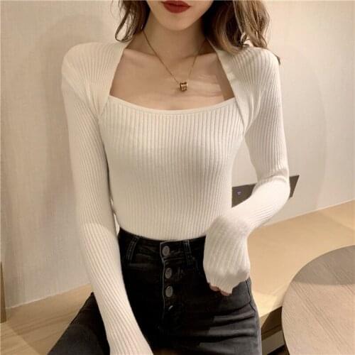 Autumn New 2021 Pullover Sweater Slim Korean Temperament Fake Two-piece U-neck Knitwear Bottom Sweater Women Thin Clothes 15925
