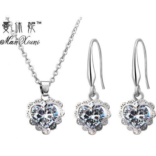 Manxiuni New Heart Zircon Jewelry Set With Necklace Dangle Drop Earrings for Women Jewelry Silver color and Golden Color