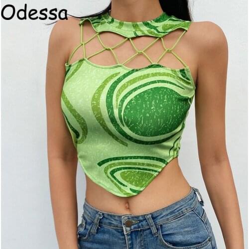 Odessa Hollow Out Green Print Crop Top Sexy Party Y2K Women Sleeveless O Neck Backless Summer Casual Tank Tops Fashion Tees 2021