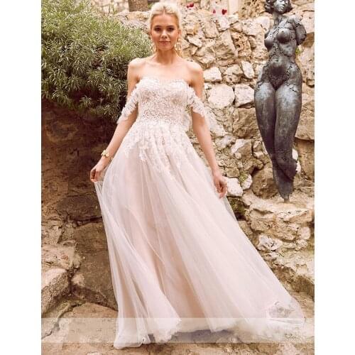 Romantic Champagne Wedding Dresses Off The Shoulder A-line Open Back Sweep Train Floor Length Bridal Gown Tulle Vestido De Noiva