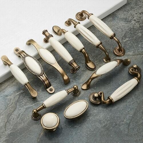 JD Antique Bronze Ceramic White Cabinet Handles Zinc Alloy Drawer knobs Wardrobe Door Handle Simple European Furniture Hardware