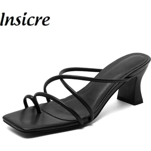 Insicre Brand Design Microfiber Narrow Band Gladiator Sandals Square Pinch Toe Slipper Street Block High Heel Summer Shoes
