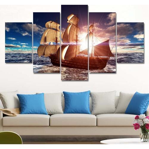 Modern Canvas HD Printed Painting Frame Home Decor Wall Art Pictures 5 Panel Sea Wave Sailing Boat Sunset Seascape Poster