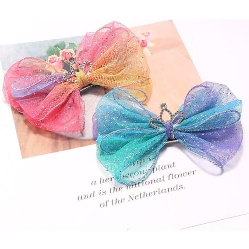 Crystal Rainbow Starry Hair Bows Clips Hair Pins Rhinestone Crown Princess Party Headwear Headress Girls Hair Accessories Gift
