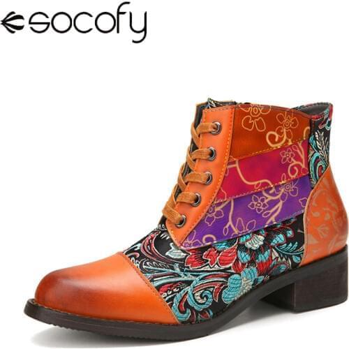 SOCOFY Women Elegant Style Ankle Boots Floral Pattern Stitching Color Block Comfy Warm Lace Up Zipper Casual Outdoor Short Boots