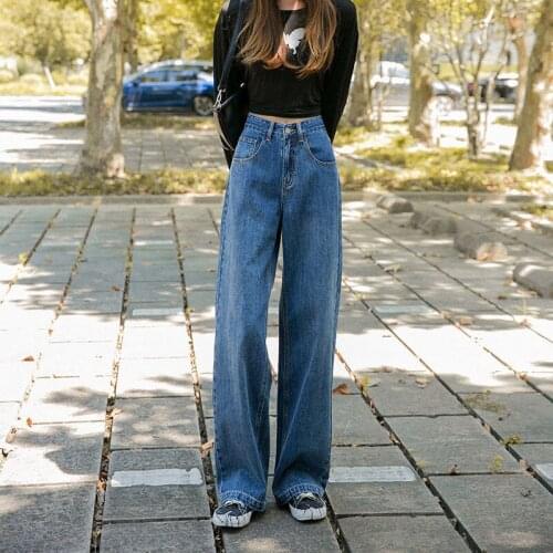 Womens wide leg jeans bottom loose jeans high waist straight pants retro street style 2021 autumn new floor pants