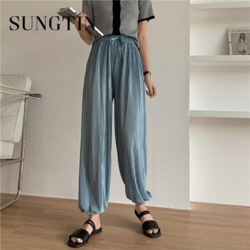 Sungtin Harem Pleated Pants Women Summer High Waist Casual Chiffon Solid Loose Trousers Thin Wide Leg Full Length Pants Cozy New
