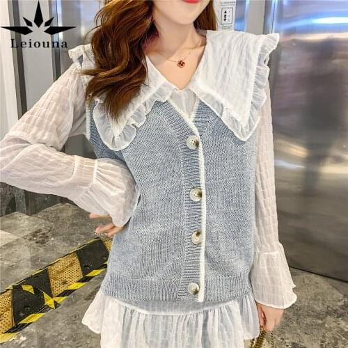 Leiouna Casual White Shirt Vest Suit Womens 2021 New Fashion Spring Autumn Baby Collar Loose Folding Shirt With Two-piece Vest