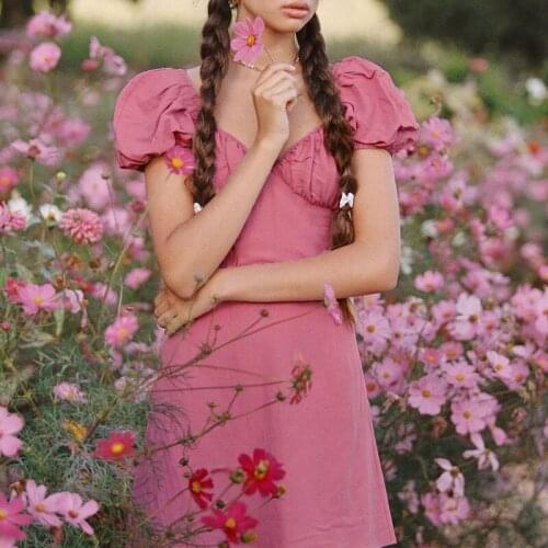 Summer New Women Strapless Mini Dress With Waist Sexy V-Neck Short Puff Sleeve Solid Color Pleated A-Line Girl Dress