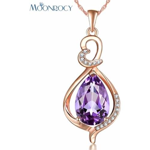 MOONROCY Rose Gold Color Purple Crystal Pendant Necklace Chokers Heart Trendy Waterdrop Jewelry Wholesale for Women Girls Drop