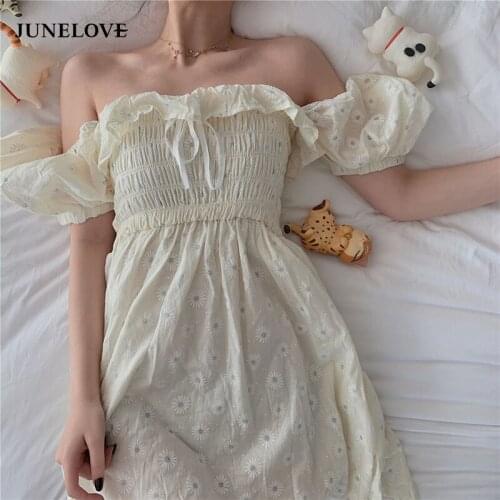 JuneLove Sexy Ruffles Women Puff Sleeve Dress Square Neck Bow Elastic Waist Floral Dresses Summer Girls Princess Pleated Dresses