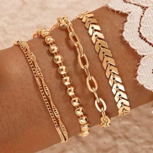 4 Pcs/Set Beads Strand Chain Bracelets Set for Women Gold Color Basic Link Chain Charm Bracelet Girls Wristband Hand Jewelry