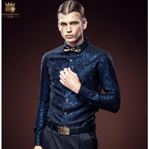 Free shipping new mens male fashion casual autumn lace shirt Slim iron Obscure young Glossy long-sleeved shirt 2106 FanZhuan
