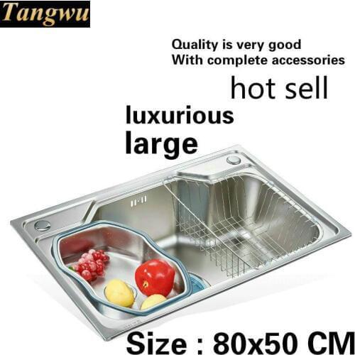 Free shipping Household luxury vogue kitchen single trough sink food grade 304 stainless steel large hot sell 800x500 MM