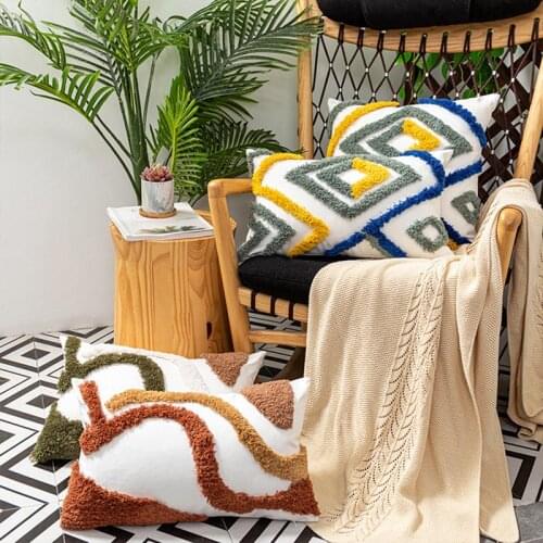 Blue Green Yellow Tufted 45x45cm Cushion Cover Boho Style Home Handmade design Decorative for Sofa Bed Living Room Bed Room