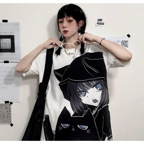 Gothic Dark Girl T-shirt 2021 Summer New Japanese Cartoon Printing Loose Large Size T-shirt Short-sleeved Top Half-sleeved S-XXL