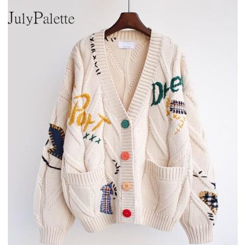 JulyPalette Autumn Winter Loose Embroidery Sweater Women 2021 New Letter Print Single-breasted Female Pocket Knitted Cardigan
