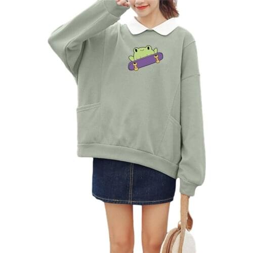 Cute Loose Hoodies Frog Japanese Clothes Woman Kawaii Funny Cartoon Design Street Wear Sweatshirts Frog on Skateboard Sweatshirt