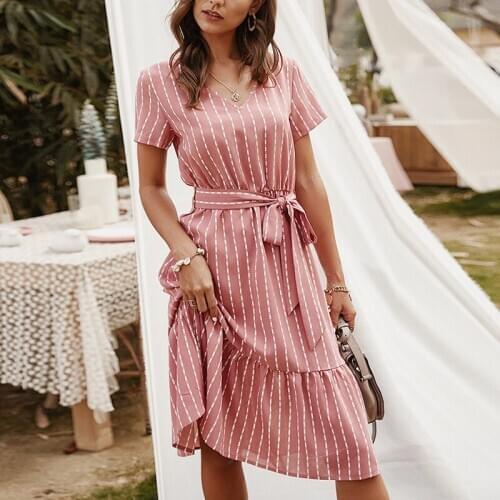 Fashion Womens V-neck Sexy Striped Dress Temperament Lace-up Ruffled Hem Elegant Dresses WL130