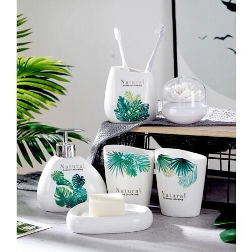 Tropical Green Plants Bathroom Seven-Piece Set,Melamine Tray, Ceramic Bathroom Set, Six-Piece Set, Wedding Gift