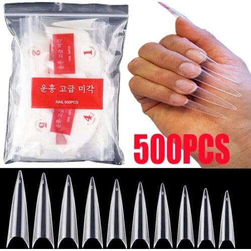 500 Pcs Stiletto False Nails Long Full Cover Coffin Fake Nail Tips Natural Transparent White Fashion Design Nail Art Accessories