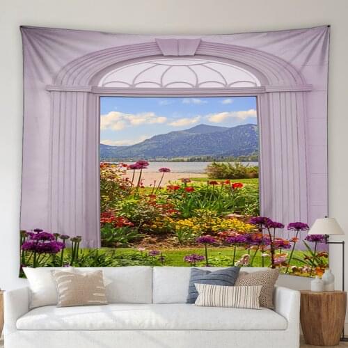 3D European Style Landscape Tapestry Green Forest Flowers Plants Mountains Rivers Arch Living Room Mural Wall Hanging Blanket
