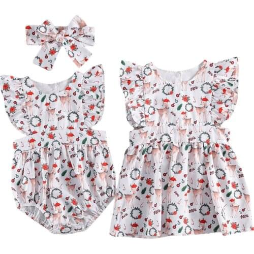 Baby Girls Matching Outfits Autumn Big Little Sister Clothes Sets Christmas Hat Elk Long Sleeve Bodysuits Tops Dress Outfits