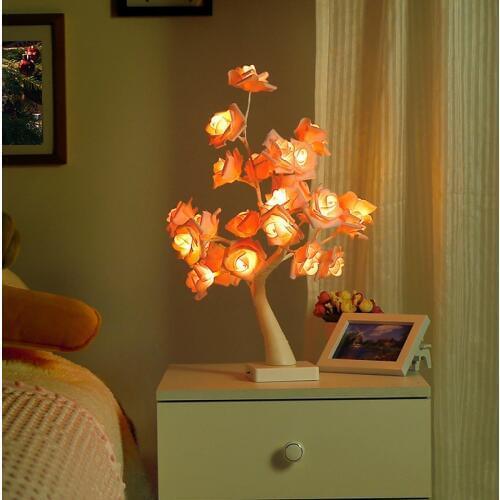 24 Heads Rose Tree Holiday Light Nightlights Decoration USB Rechargeable Lamp Romantic Flower Warm Light Propose Wedding Garland