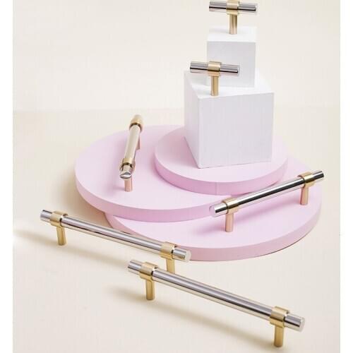 Furniture handle brass stainless steel handle Nordic style simple contrast color silver bright hardware cabinet wardrobe door ha