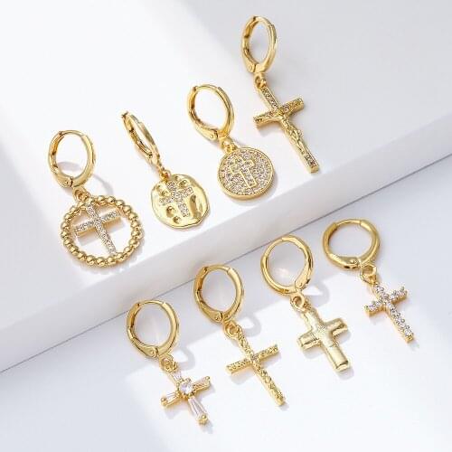 Cross Earrings for Women Gold Hoop Dangle Earrins Bling Micro Pave Zircon CZ Paired Earring Trendy Punk Party New Fashion 2021
