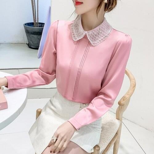 Chiffon shirt female doll collar 2021 spring beaded blouse small shirt OL design temperament shirt
