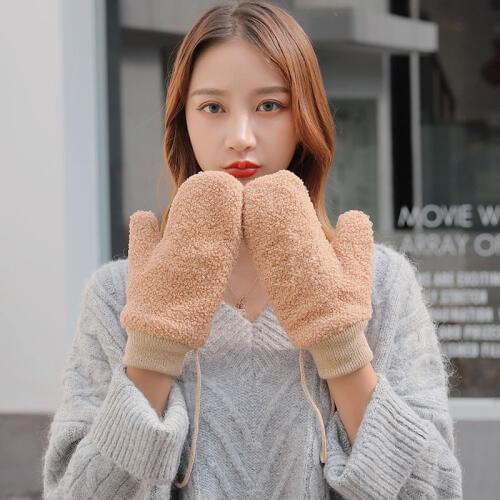 Women Lovely Solid Full Finger Coral Fleece Knit Halter Mittens Without Fingers Winter Female Plus Plush Thick Warm Gloves J3