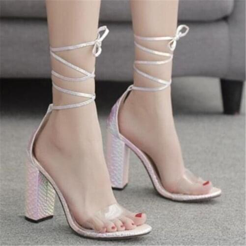 Women sandals PU Lace Up 11.5CM Square heel High heels Round Toe Front & Rear Strap Shallow sandal women shoes size 35-42