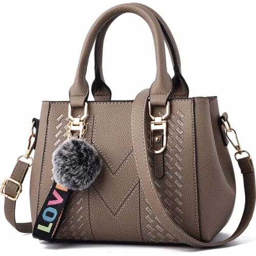 Embroidery Women Handbags with Fur Ball Designer PU Leather Shoulder Messenger Bag Office Lady Crossbody Tote Bag Female Purse