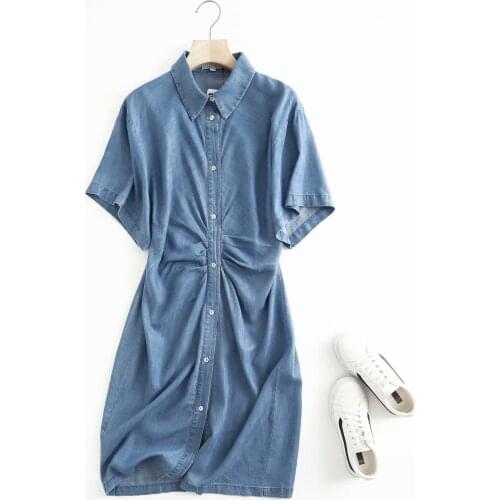 With knot women denim shirt dress turn down collar short sleeve button up streetwear casual summer jeans dress vestidos