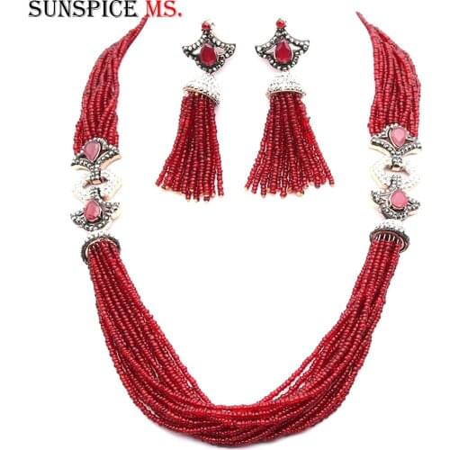 SUNSPICE-MS Elegant Turkish Women Bead Resin Necklace Earring Mrocco Wedding Jewelry Sets Antique Gold Color India Bridal Gifts