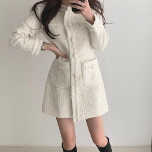 Autumn Winter Women Tweed Dress Pocket Single Breasted Fashion Mini Dress Ladies Elegant Long Sleeve Party Dress Femme