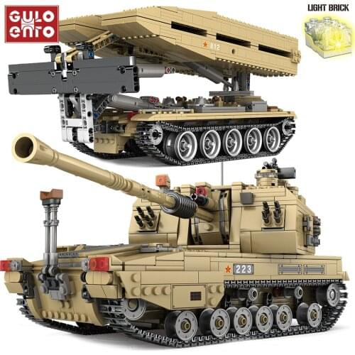 1499pcs Military Series Tracked Self-propelled Artillery Rocket Launcher Building Blocks Tank Bridge Truck Bricks Kids Toys Gift