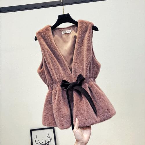 2020 Winter Warm Women Faux Mink Fur Vest Jackets Fake Fleece Fur Sleeveless Slim Coat Tops Outerwear With Belt C114