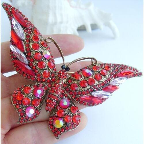 3.74" Pretty Butterfly Brooch Pin Pendant Red Rhinestone Crystal EE04538C14