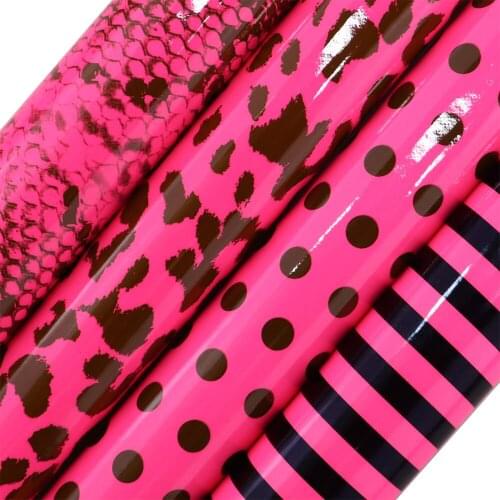 30x134cm Roll Neon Mirror Pink With Black Leopard Stripe Faux Synthetic Leather Fabric For Handbags Bows Deoration DIY HM016