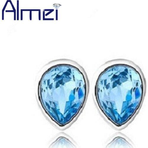 Almei 15%Off Hot Korean Womens Ear Cuff Earrings Small Brincos Blue Crystal Drop Water Stud Earring Silver Color Jewelry YC43